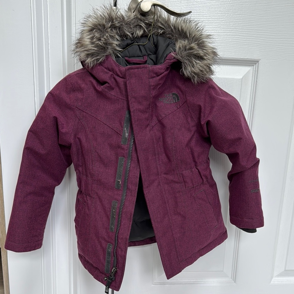 The North Face Purple Puffer Jacket with Faux Fur Hood
